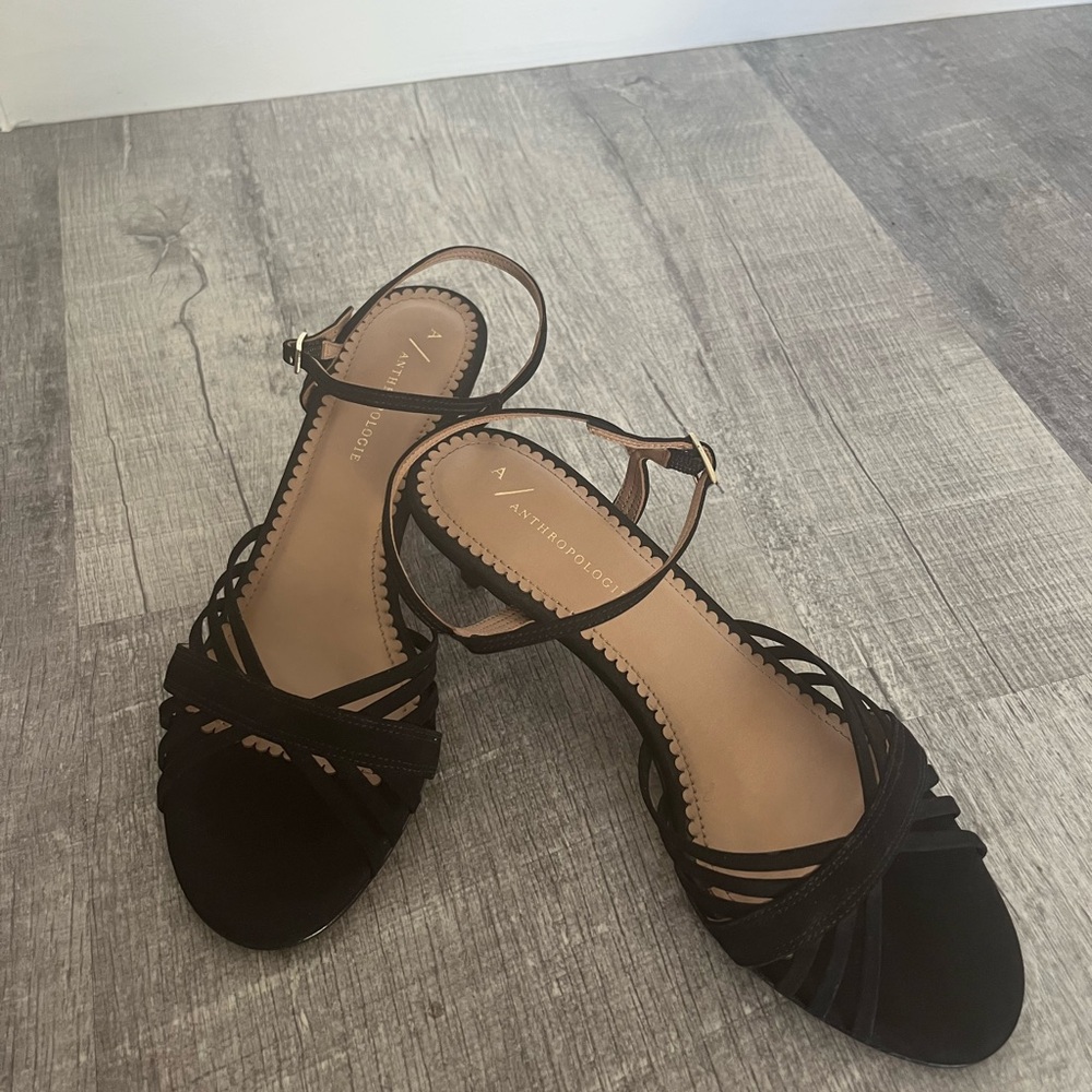 Anthropologie Black Strappy Kitten Heel Sandals